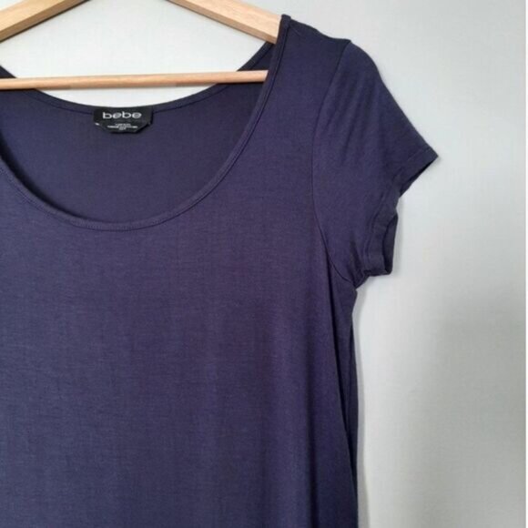 BEBE Long Hi-Low Hem T-shirt Tunic Top Short Sleeve Blue Sz XS - Picture 2 of 9